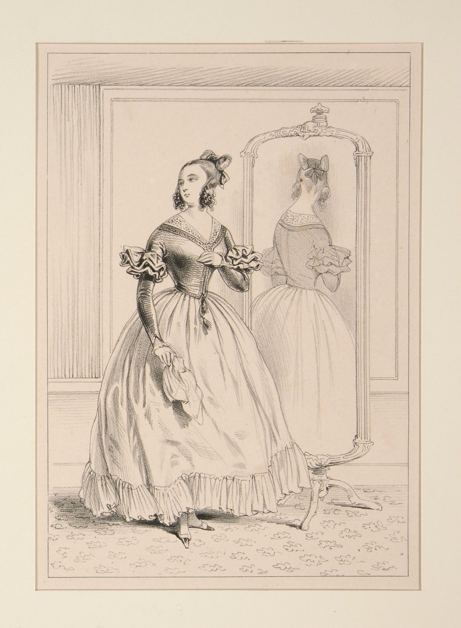 Vestido de popelín, spencer de terciopelo adornado con una cinta de las tiendas... (Vestido de popelín, spencer de terciopelo adornado con una cinta de las tiendas...) de Paul Gavarni