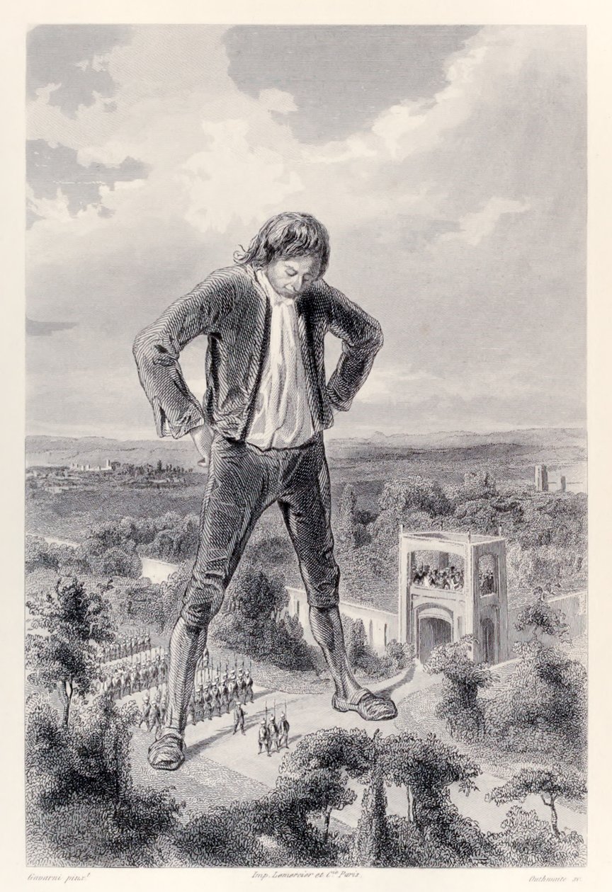 El ejército de Lilliput marcha entre las piernas de Gulliver, de la edición francesa de Los viajes de Gulliver de Jonathan Swift de Paul Gavarni