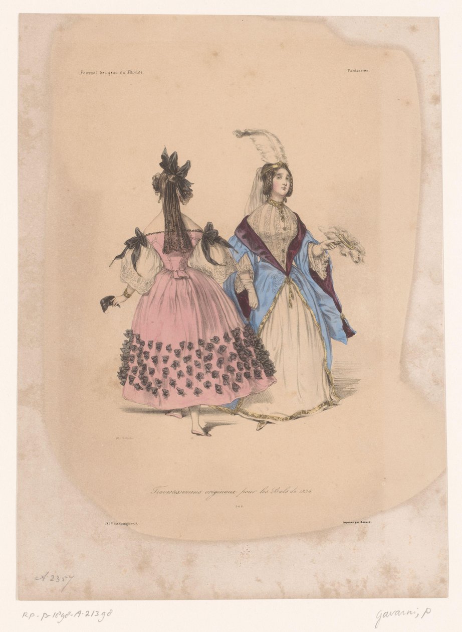 Dos mujeres en vestidos de fiesta Travestissemens originaux pour les Bals de 1834 (título sobre el objeto) Ropa imaginativa (título de la serie) Fantasías (título de la serie sobre el objeto) de Paul Gavarni