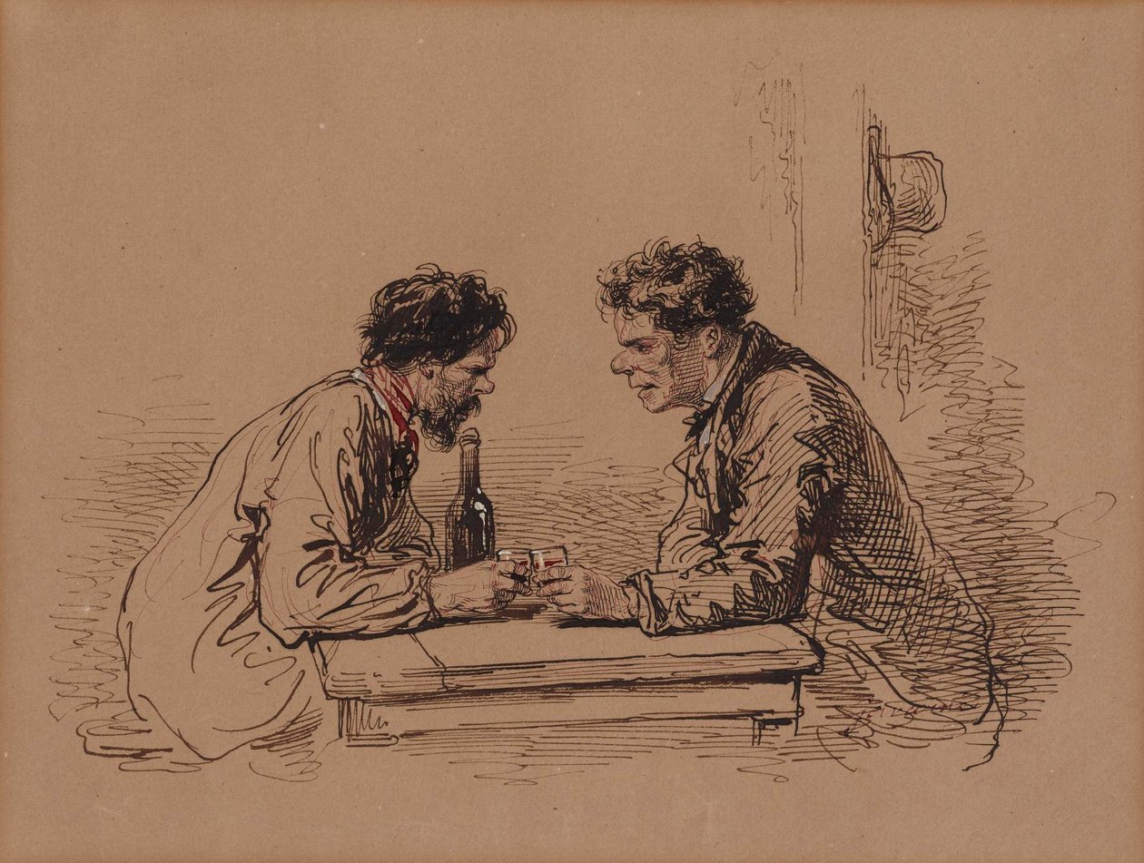 Dos hombres a una mesa con vino de Paul Gavarni