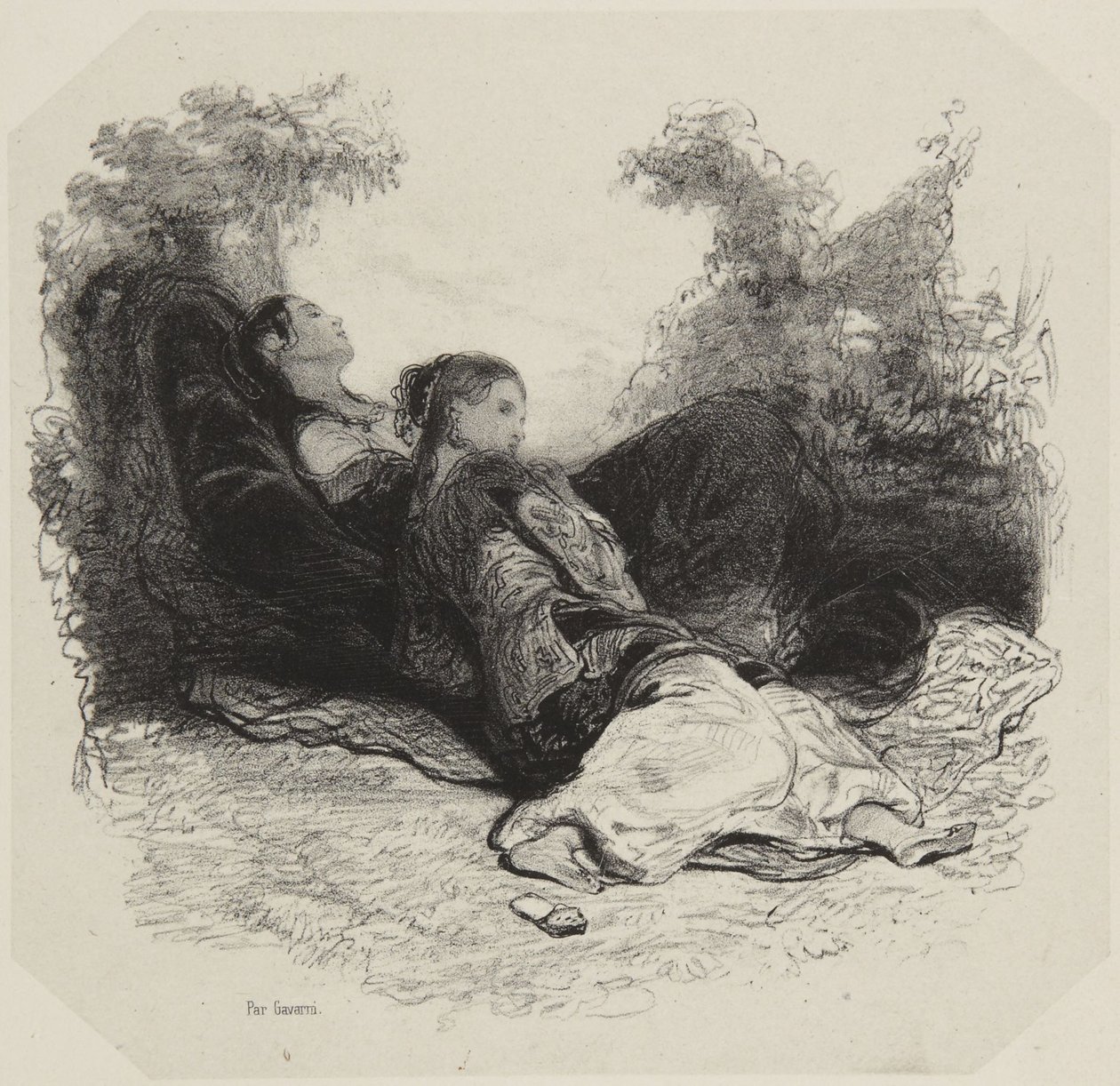 Dos mujeres descansando en el jardín de Paul Gavarni