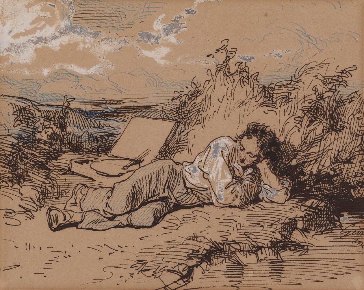 Joven artista dormido junto a un arroyo de Paul Gavarni