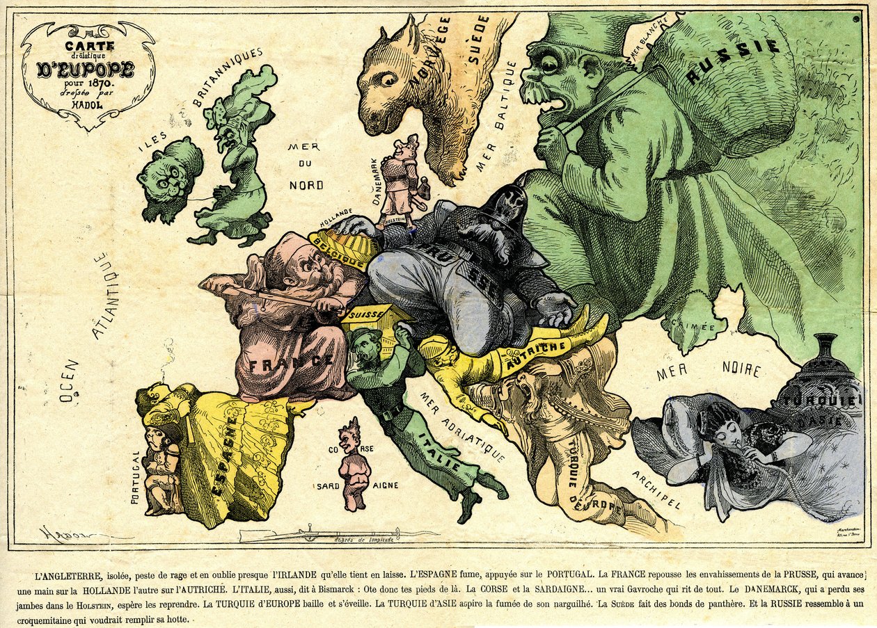 Mapa drolático de Europa para 1870 de Paul Hadol