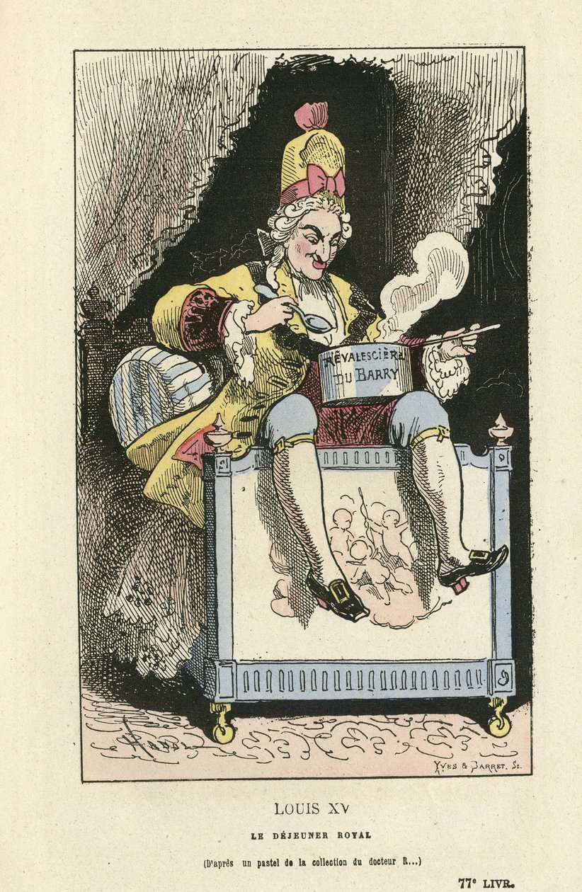Ilustración de Hadol (1835-1875) en Histoire de France tintamarresque, ca. 1880 - Antiguo régimen - Du Barry Jeanne, Luis XV de Paul Hadol