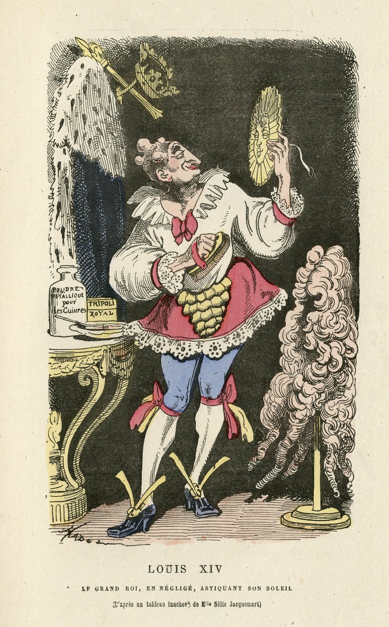 Ilustración de Hadol (1835-1875) en Histoire de France tintamarresque, ca. 1880 - Maquillaje, Antiguo régimen, Sol, Peluca - Luis XIV de Paul Hadol