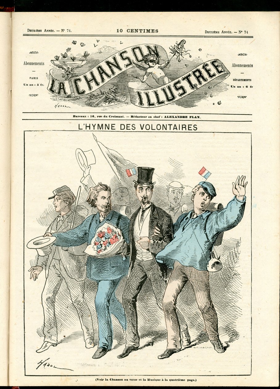 La Chanson illustrée (revista), número 74, Satírico en Colores, circa 1870: El himno de los voluntarios - Guerra 1870-1871, Patriotismo - Ilustración de Hadol (1835-1875) de Paul Hadol
