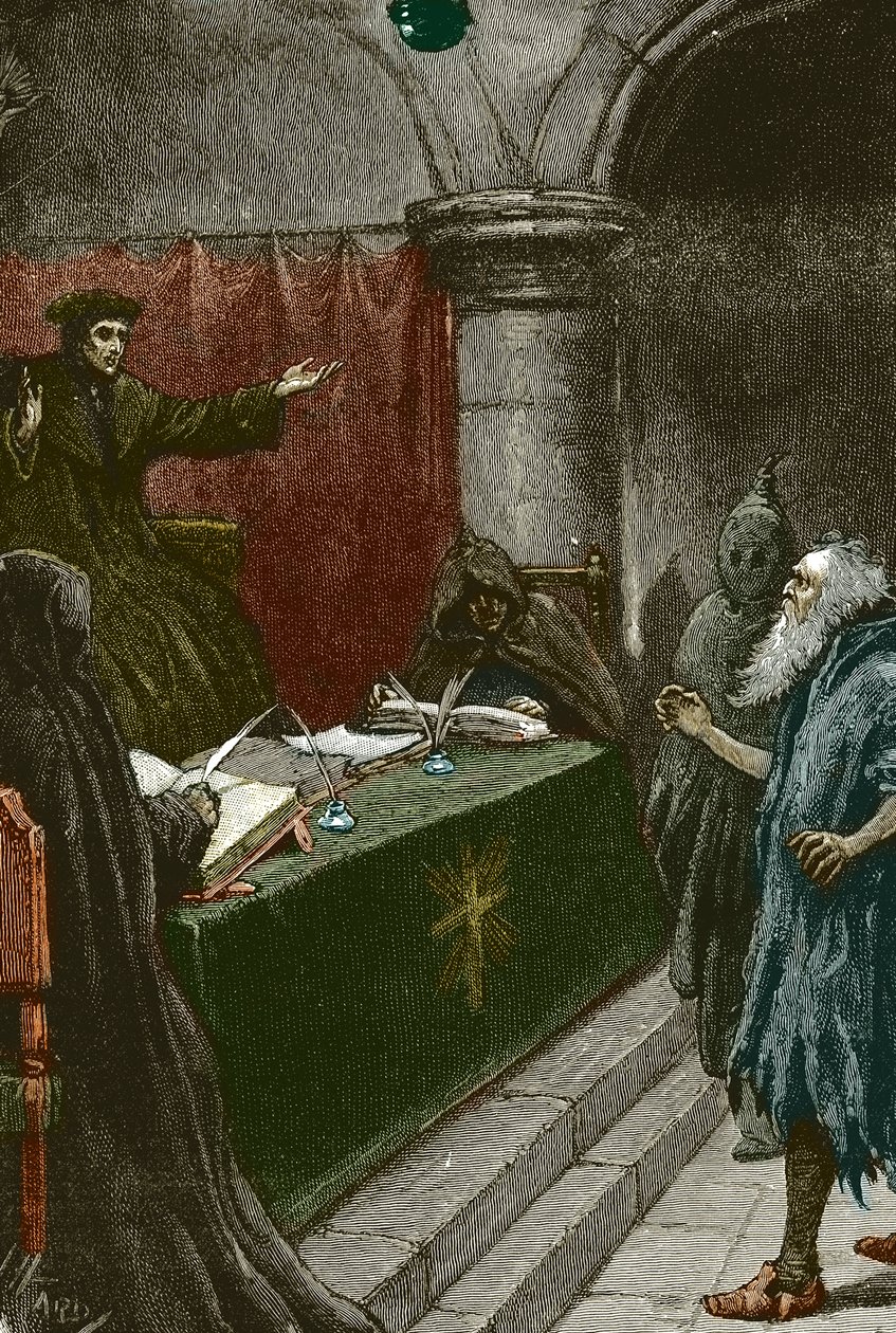 Inquisición y expulsión de los judíos de España: un judío español ante el Gran Inquisidor hacia 1492 en el momento de la publicación del Decreto de la Alhambra - Ilustración de Paul Hardy 1891 Judío español ante el Gran Inquisidor de Paul Hardy