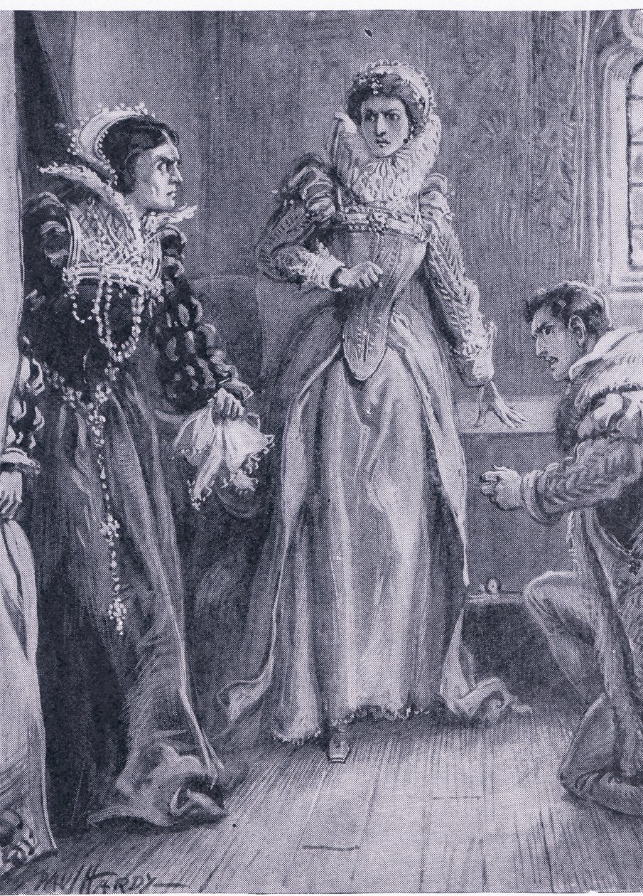 La Reina María Isabel y Courtenay: Responderé a esa pregunta, gritó María apartando el tapiz, ilustración de La Biblioteca Mundial de los Mejores Libros, c.1940 de Paul Hardy