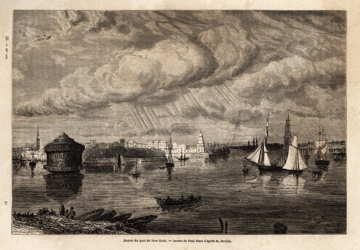 La entrada al puerto de Nueva York, dibujo de Paul Huet (1803-1869), para ilustrar los viajes a América del Norte en 1854-1855, de L. Deville. Grabado en 