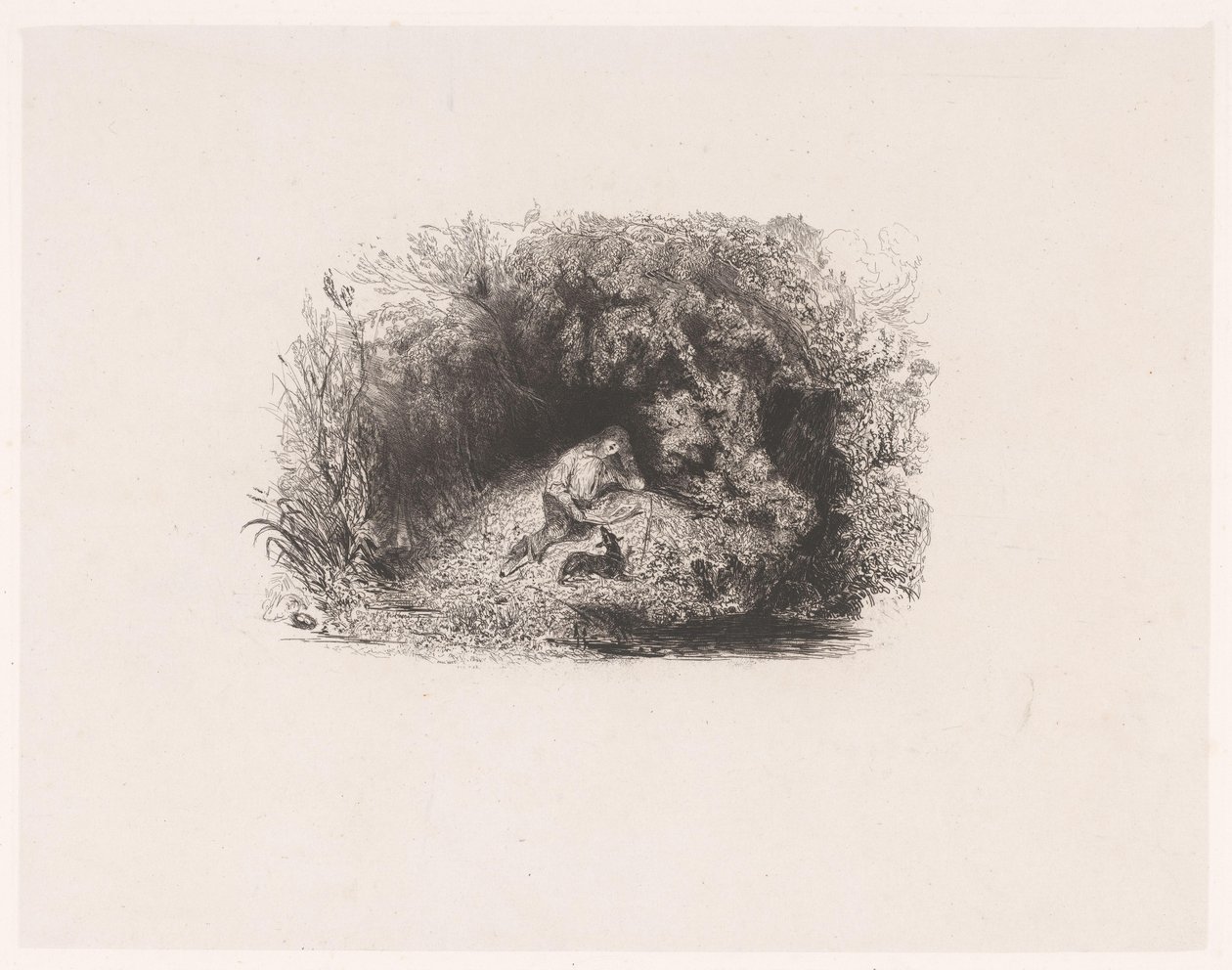 Impresión del título con un hombre leyendo con un perro en un bosque
Varias representaciones de Paul Huet (título de la serie)
Six Eaux-Fortes (título de la serie) de Paul Huet