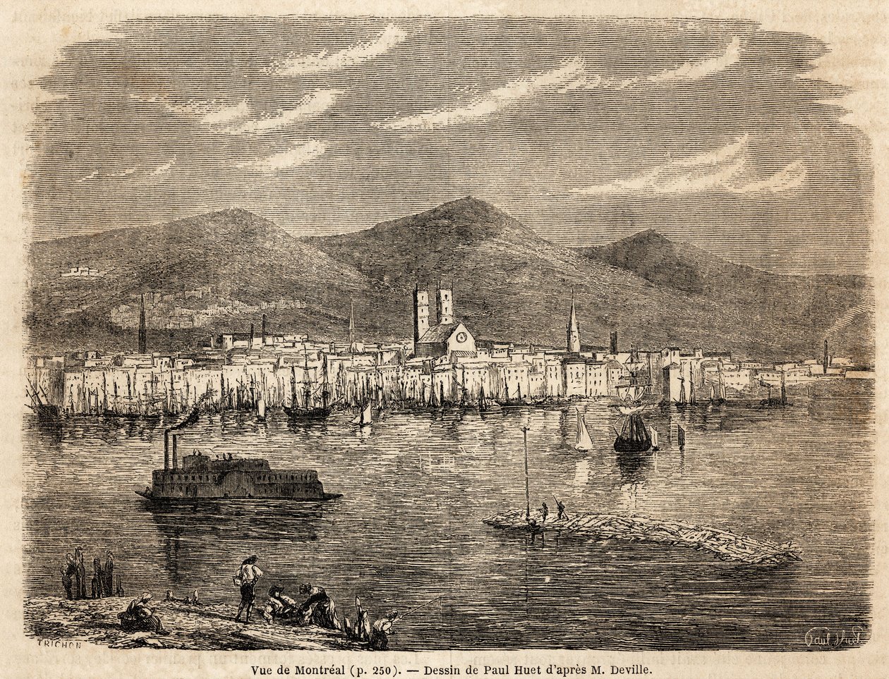 Vista de Montreal, dibujo de Paul Huet (1803-1869), para ilustrar los viajes a América del Norte en 1854-1855, por L. Deville. Grabado en “Le tour du monde” 1861. Colección Selva. de Paul Huet