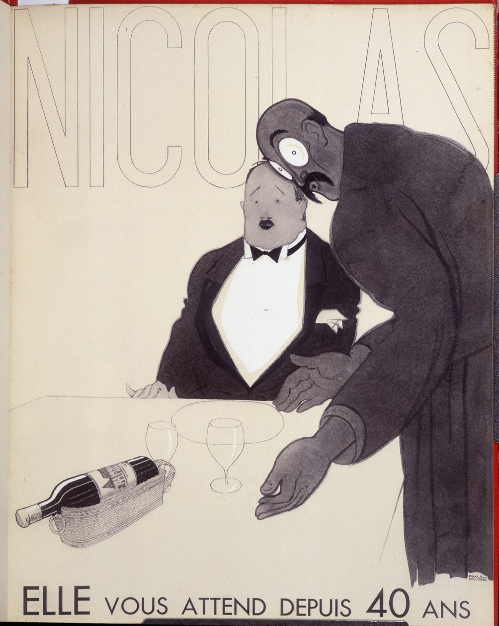 Ella te ha estado esperando durante 40 años. El camarero de un restaurante se dirige a un cliente diseñando una botella de vino. - anuncio para Nicolas, dibujo de Paul Iribe (1883-1935) de Paul Iribe