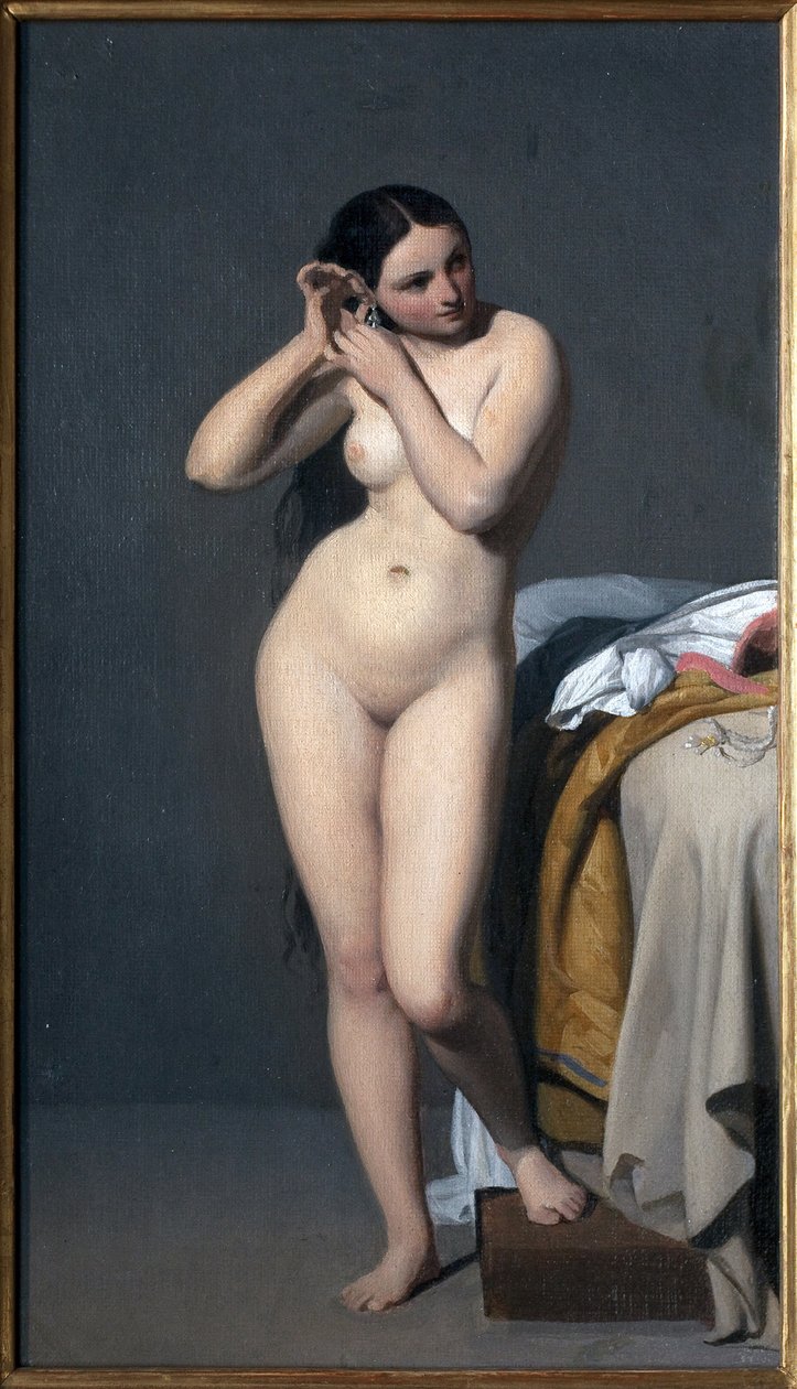Desnudo tiene la consola. Pintura de Paul Jourdy (1805-1856), óleo sobre lienzo. Arte francés de Paul Jourdy