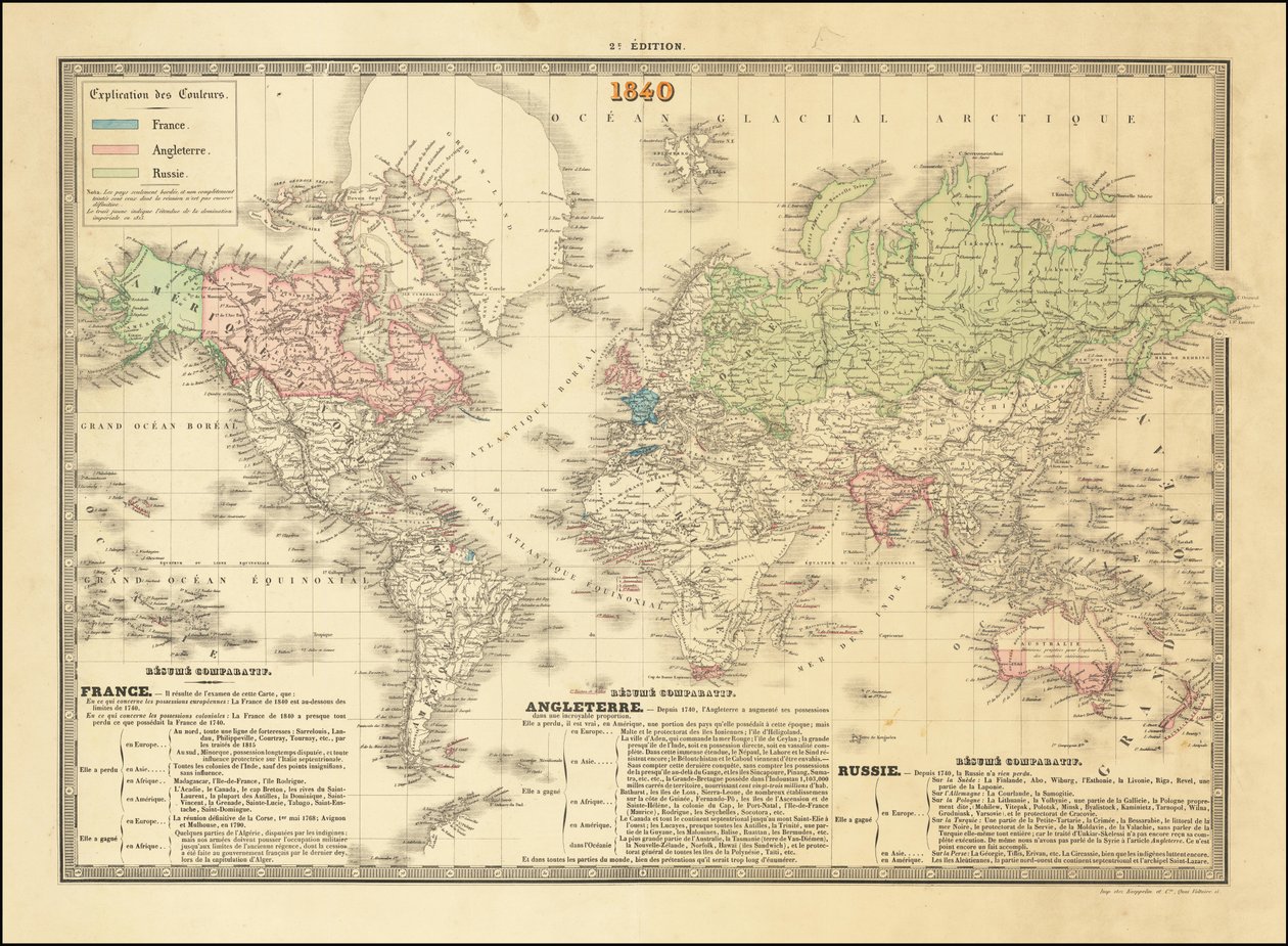 Mapa francés del mundo de 1840 con los territorios de los imperios británico, francés y ruso de Paul Kaeppelin