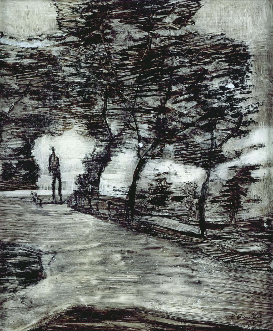 Camino del parque, con hombre alto y perro de Paul Klee