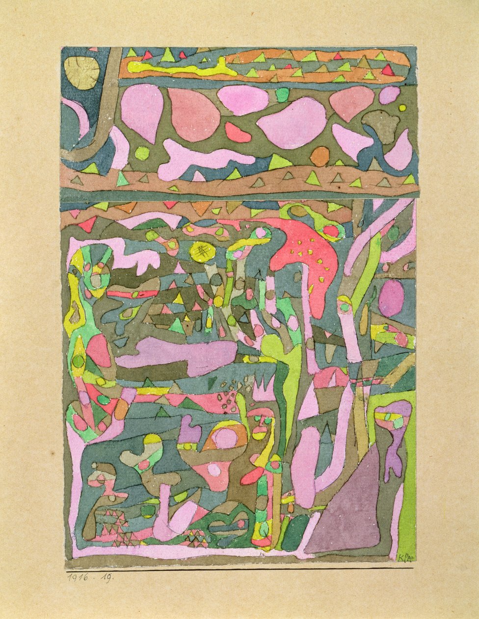 El sol descubriendo que el mundo de los colores ya existe, composición complicada de Paul Klee