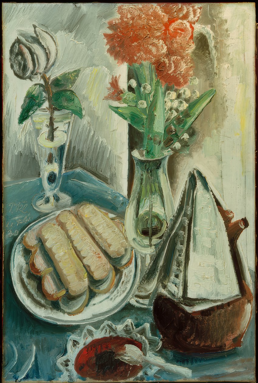 Naturaleza muerta con cafetera, flores y pasteles de Paul Kleinschmidt