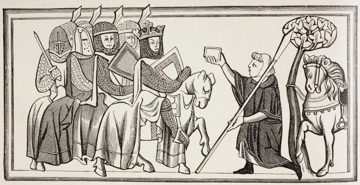 Un mensajero llega con un mensaje para un rey que está al frente de su ejército. Según una ilustración del siglo XIII. de Paul Lacroix