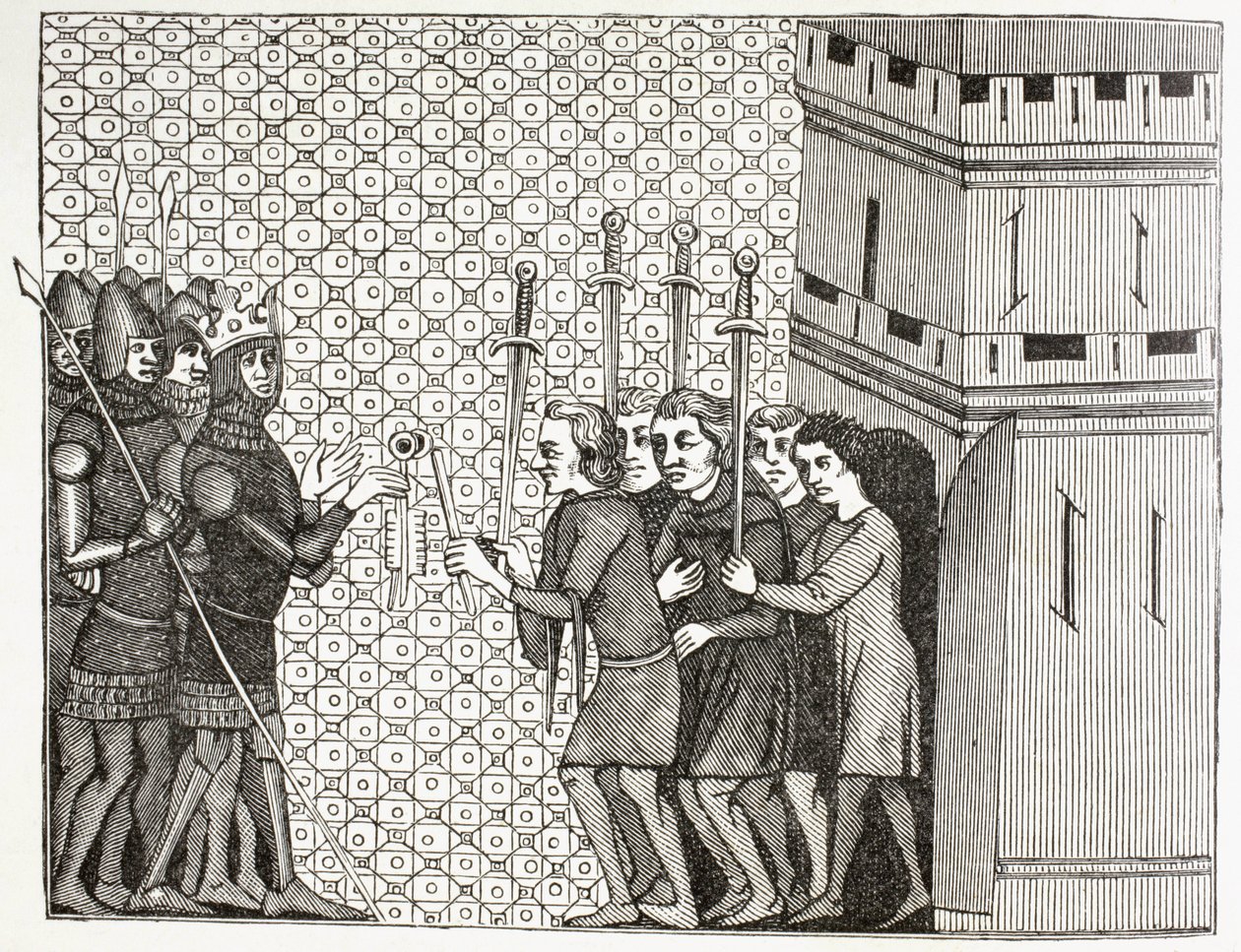 Tras la captura de una ciudad en el siglo XIV, la guarnición se rinde y se entrega a la misericordia de sus captores. Según una miniatura del siglo XIV de Histoire Du Monde. de Paul Lacroix