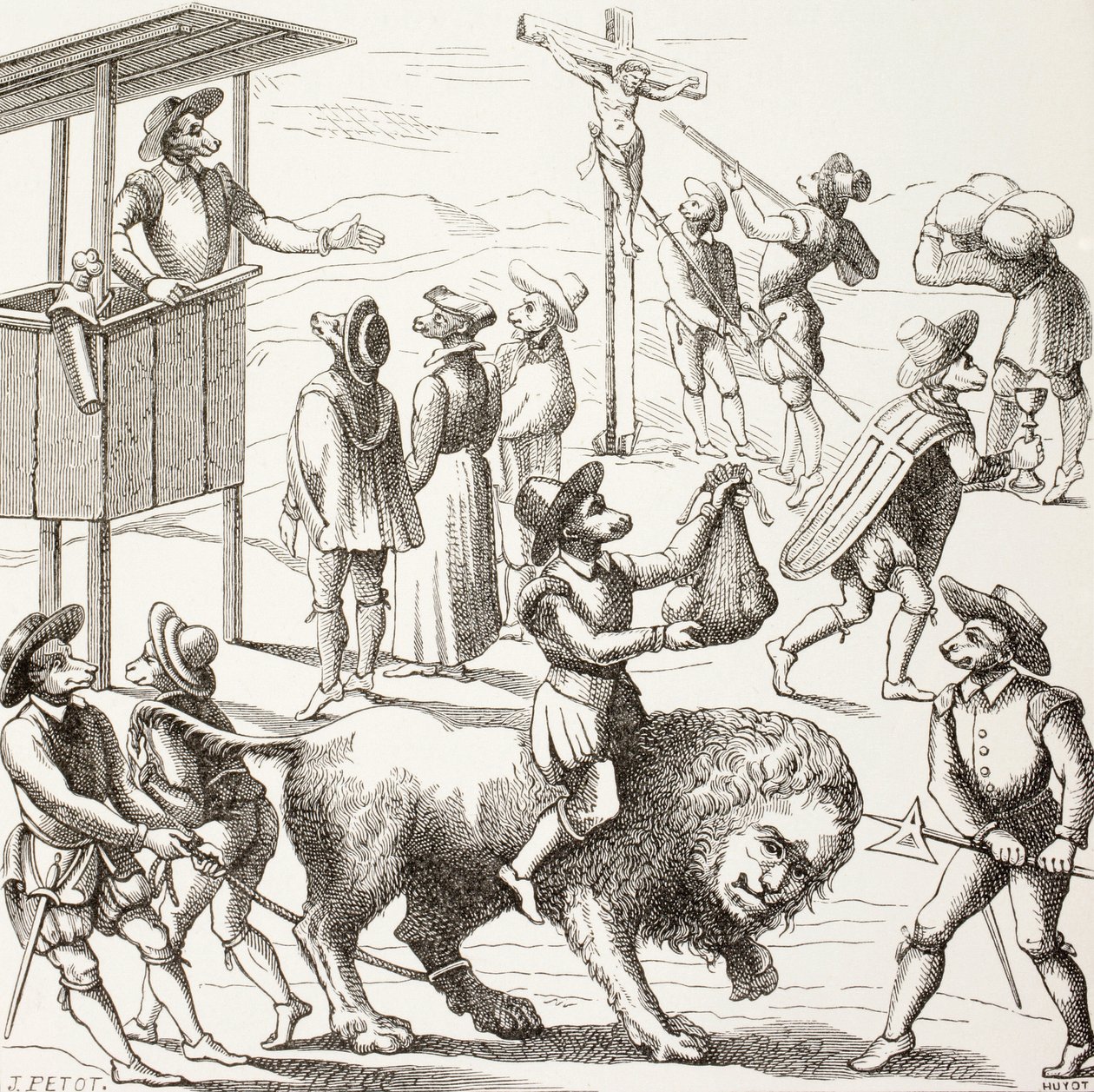 Cuadro alegórico de los excesos cometidos por los hugonotes. El león manso representa una Francia reducida por los herejes y sus prácticas. de Paul Lacroix