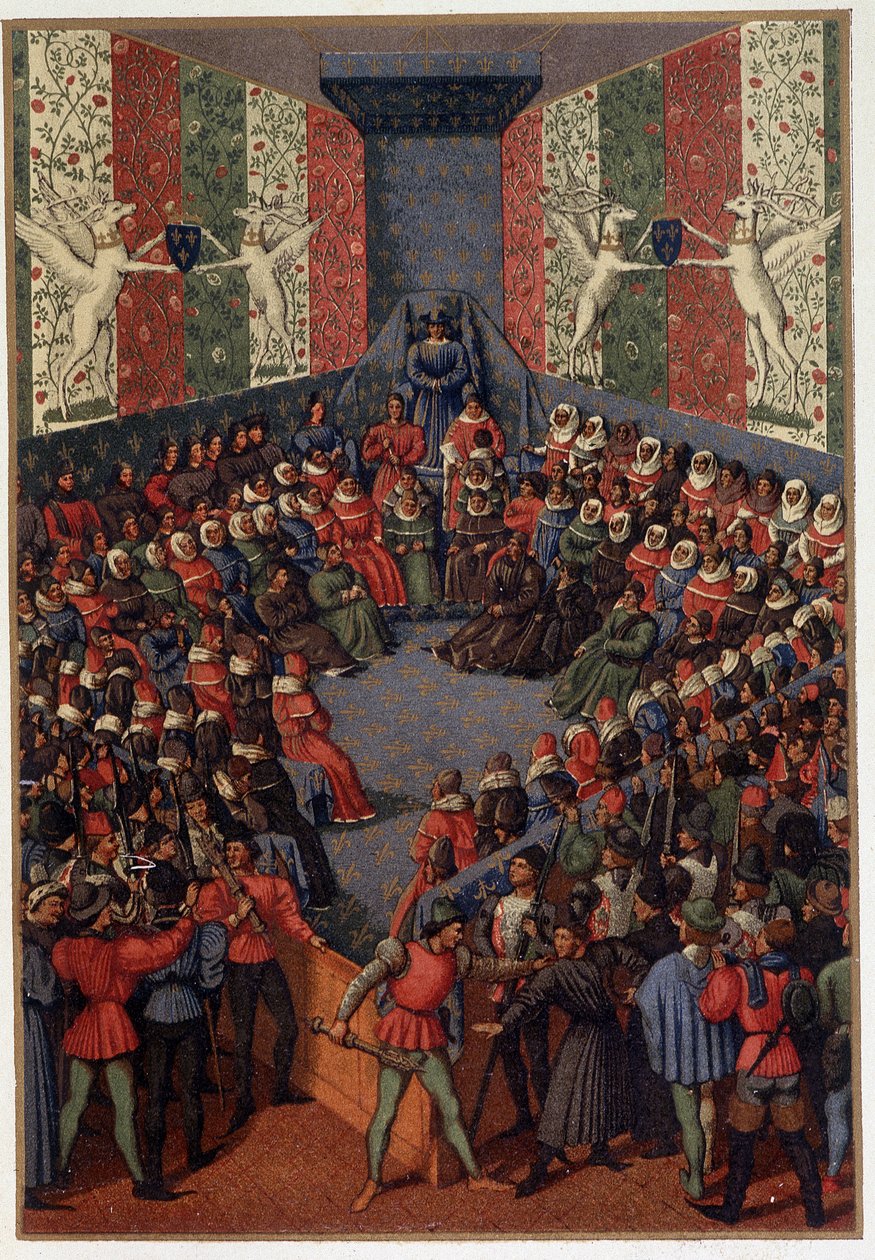 Carlos VII presidiendo el juicio de Juan, Duque de Alençon (aliado de los ingleses) en Vendôme en 1458 - según la miniatura de Fouquet, en "Vida militar y religiosa en la Edad Media y la era del Renacimiento" por Paul Lacroix, París de Paul Lacroix