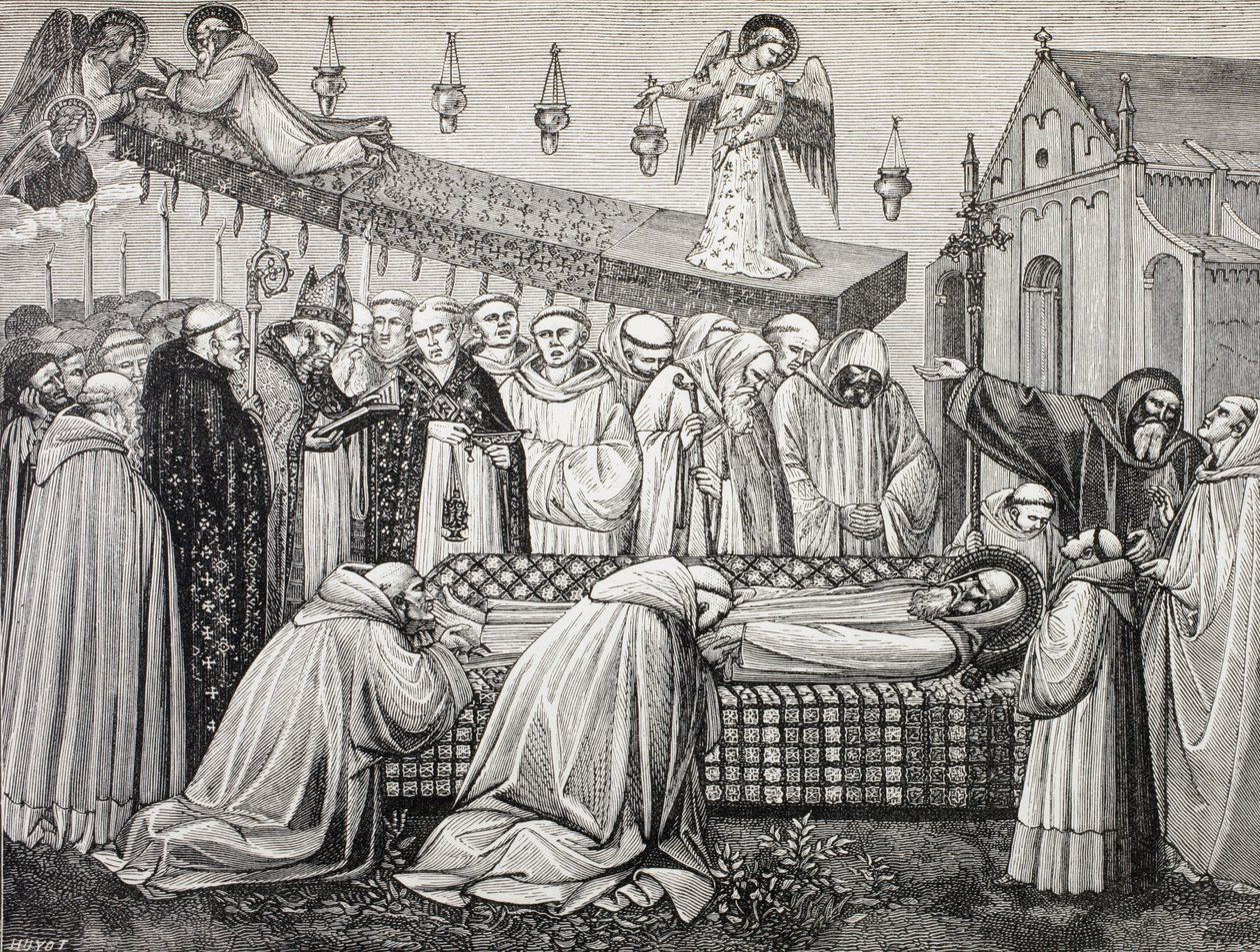 Muerte de San Benito de Nursia o San Benedetto Da Norcia, 480-547, en la abadía de Monte Cassino. de Paul Lacroix
