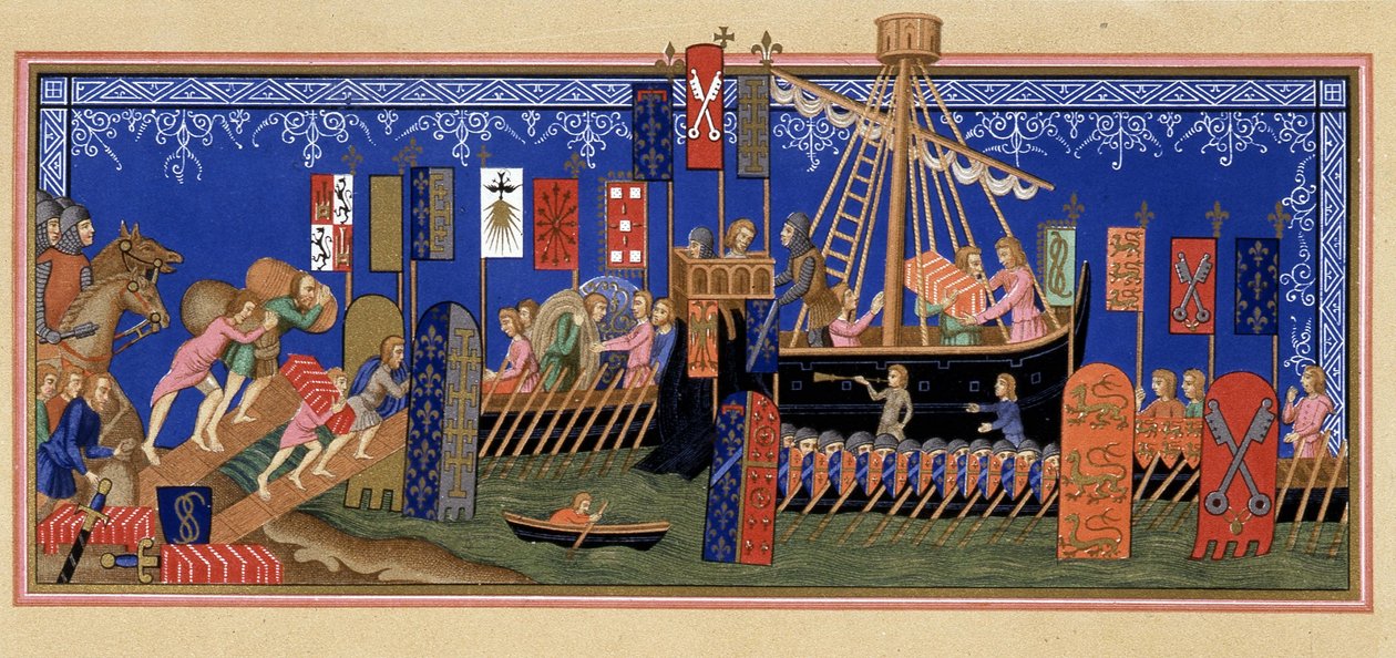 Embarque de los Caballeros del Espíritu Santo para la Cruzada - basado en una miniatura del siglo XIV, en 
