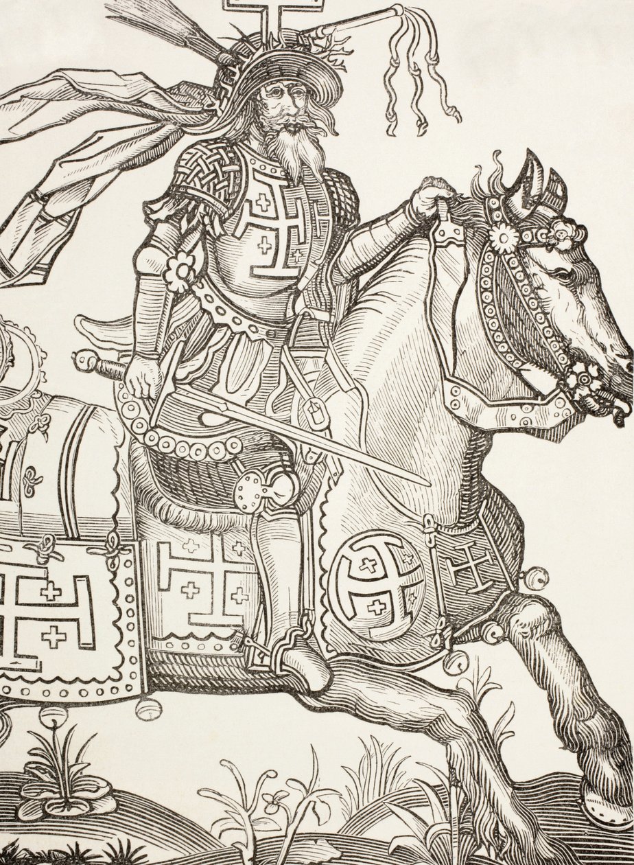 Godofredo de Bouillon, C. 1060 - 1100, Caballero franco medieval. Líder de la Primera Cruzada. Aquí se le ve coronado con los instrumentos de la Pasión de Cristo. Según una xilografía del siglo XV. de Paul Lacroix