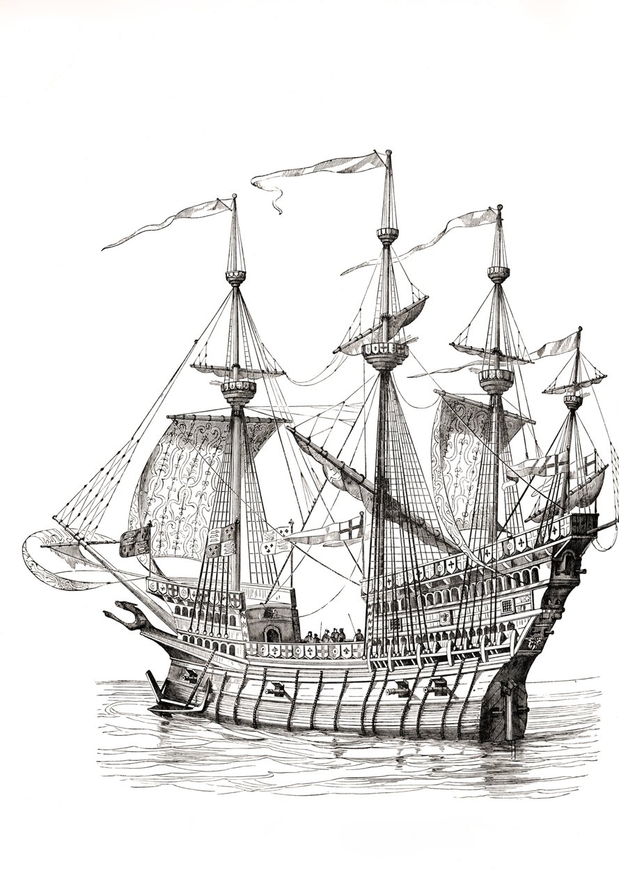 Hombre de guerra que transportó al rey Enrique VIII de Inglaterra a Francia en 1520 para su encuentro con el rey Francisco I en el Campo del Paño de Oro. Según un dibujo de Holbein. de Paul Lacroix