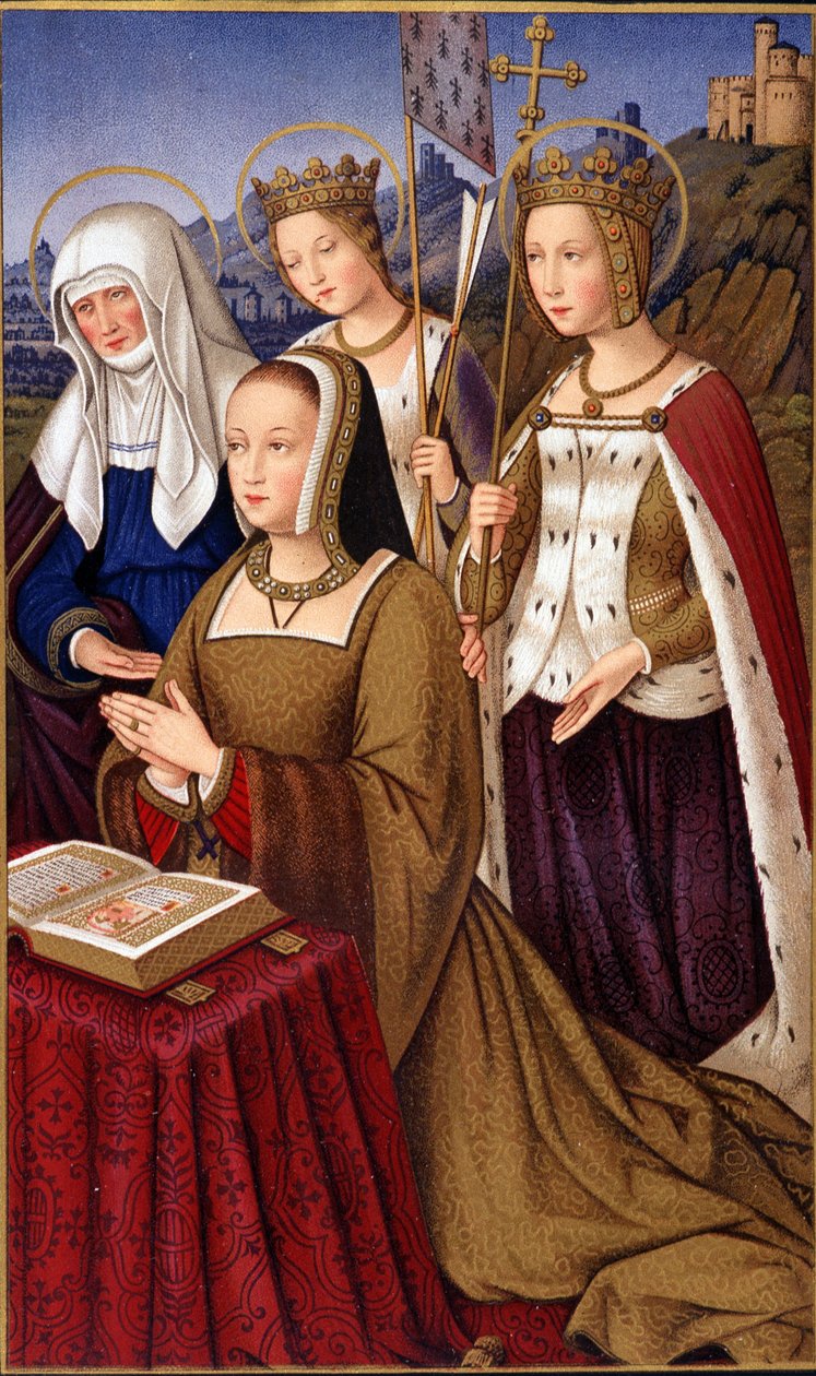 Retrato de Ana de Bretaña (1477-1514), Reina de Francia, en oración con su santa patrona Santa Ana, Santa Helena y Santa Úrsula - en “Vida militar y religiosa en la Edad Media y el Renacimiento” por Paul Lacroix, París de Paul Lacroix
