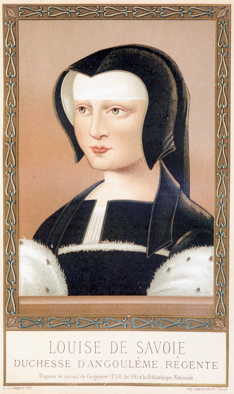 Retrato de Louise de Savoie (1476-1531), Duquesa de Angulema y Regente de Francia. Cromolitografía de “Luis XII y Ana de Bretaña” por Paul Lacroix, ed. Georges Hurtrel de Paul Lacroix