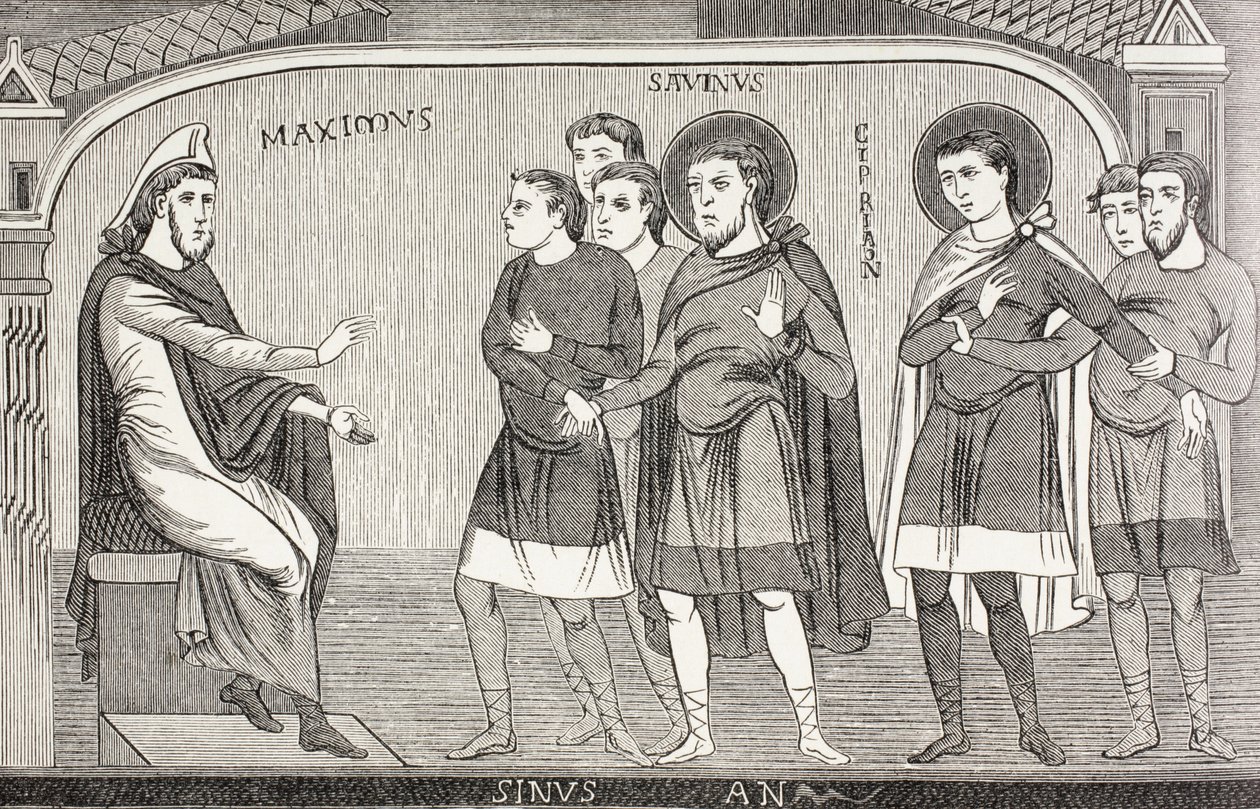 Los santos Savino y Cipriano confiesan al procónsul Galerio Máximo que son cristianos. Según un fresco del siglo XI en la iglesia de San Savino, Vienne, Francia. de Paul Lacroix