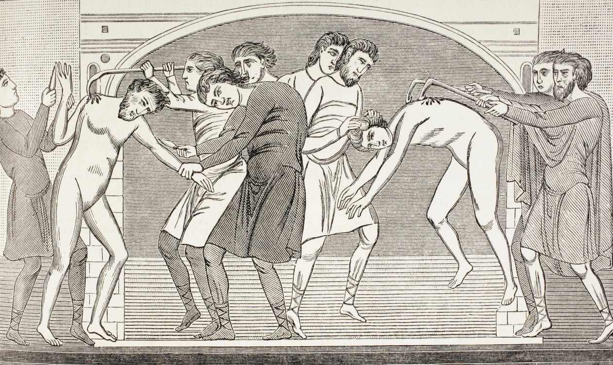 Santos Savin y Cipriano con la carne arrancada de sus cuerpos por ganchos de hierro. Según un fresco del siglo XI en la iglesia de San Savino, Vienne, Francia. de Paul Lacroix