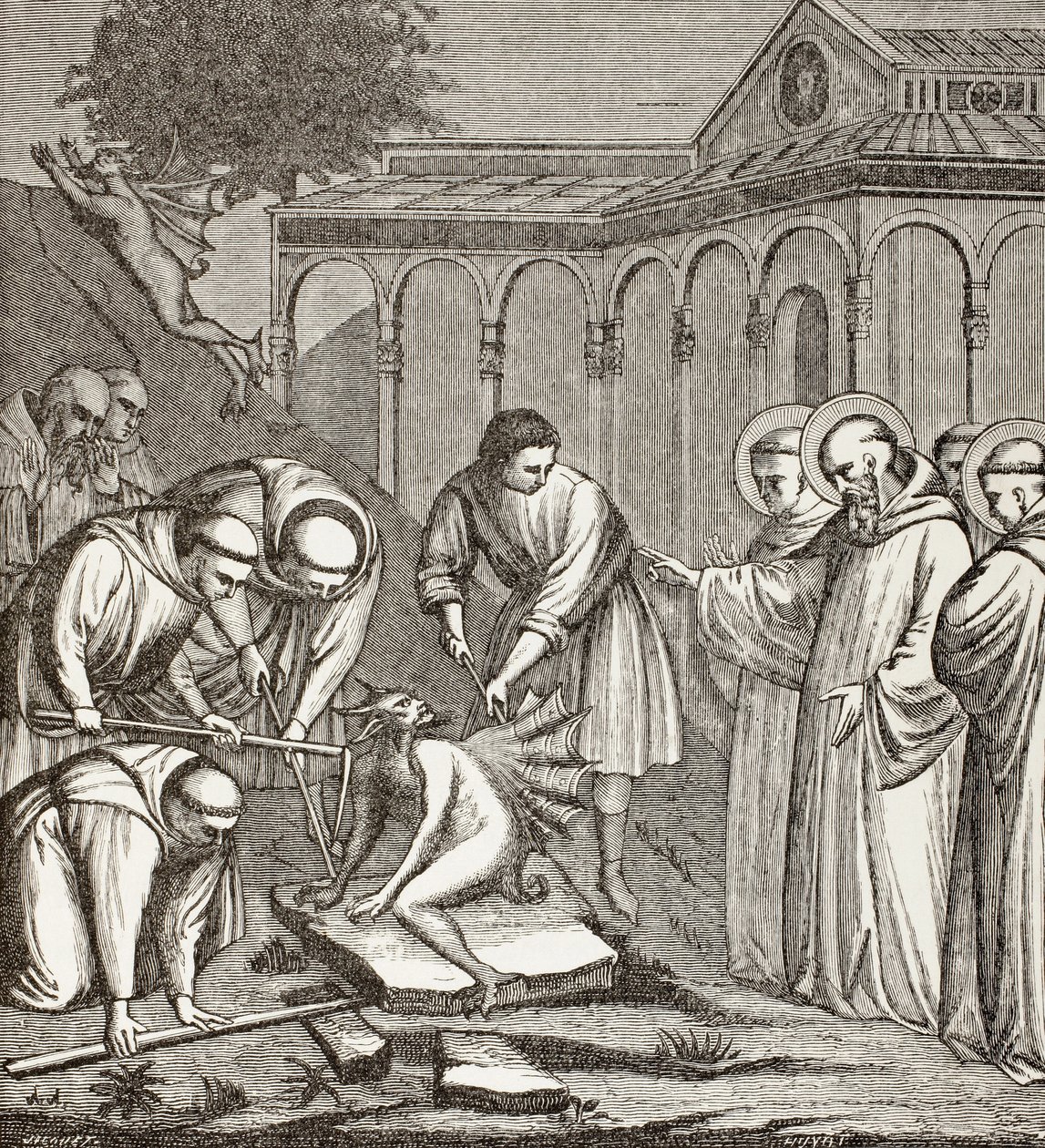 San Benito y el Diablo. Cuando San Benito estaba construyendo una capilla, el diablo se sentó en una piedra y nadie pudo moverlo hasta que San Benito bendijo la piedra. Entonces el Diablo emprendió el vuelo. de Paul Lacroix