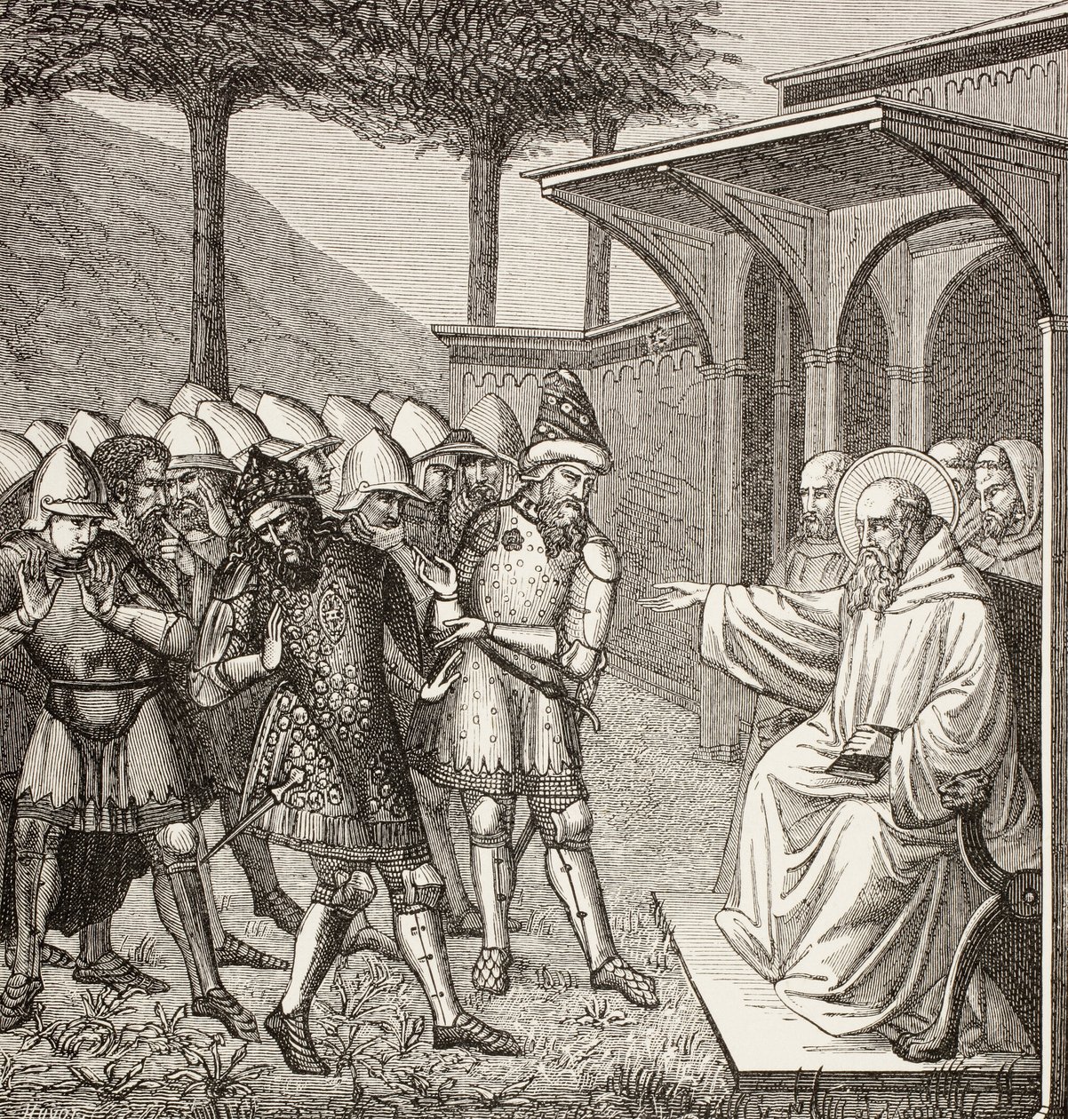 San Benito de Nursia reprocha a Baduila, alias Totila, rey de los ostrogodos, haberle engañado y predice su muerte. de Paul Lacroix