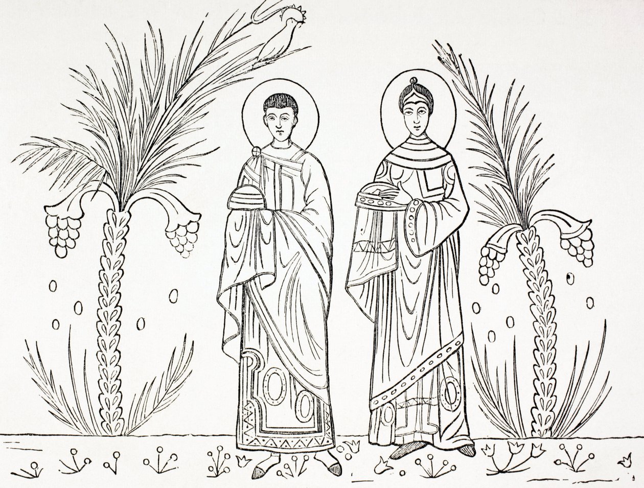 Santa Cecilia y su marido Valeriano. Según un mosaico del siglo III o IV conservado en la iglesia de Santa Cecilia, Roma. de Paul Lacroix