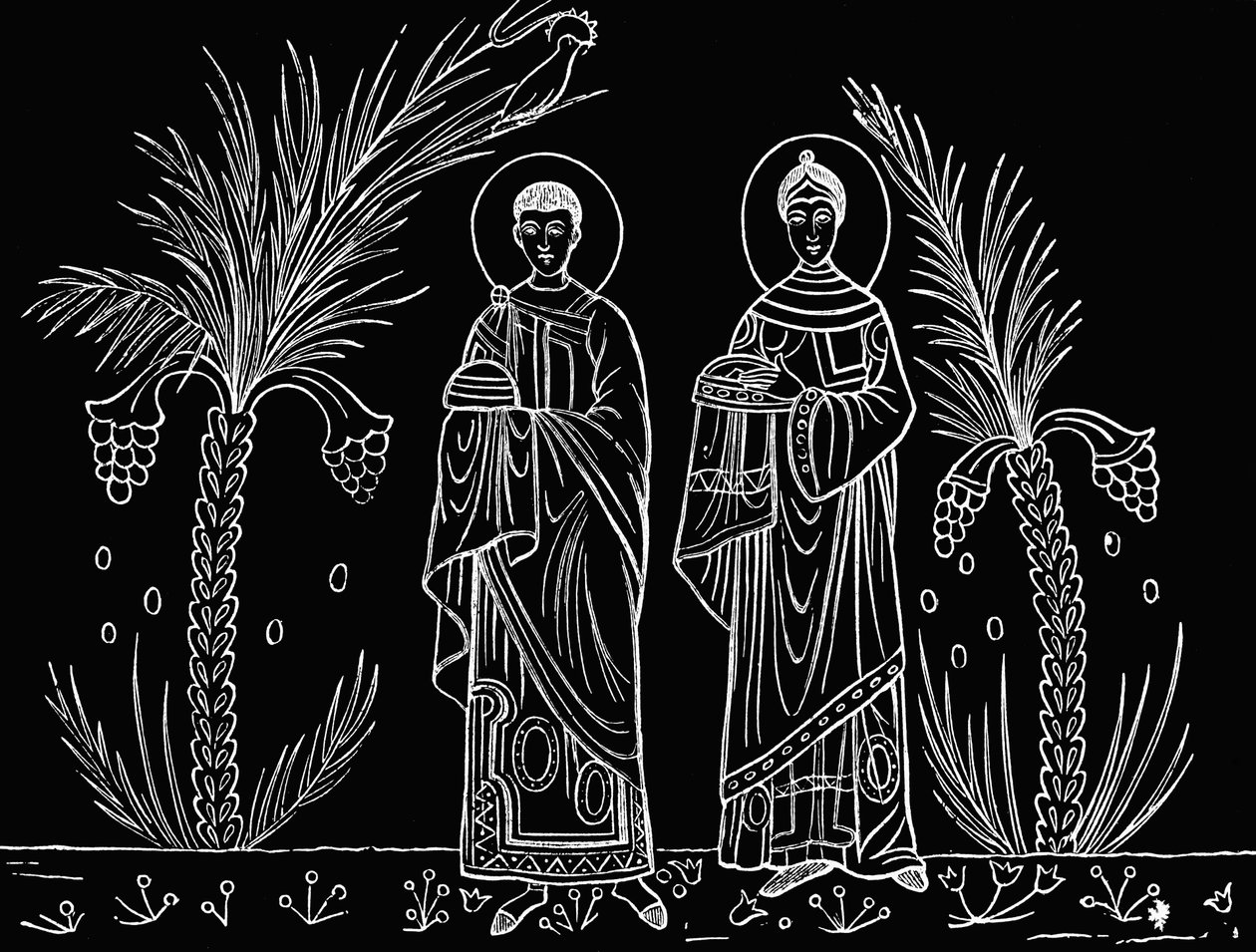 Santa Cecilia y su marido Valeriano. Según un mosaico del siglo III o IV conservado en la iglesia de Santa Cecilia, Roma. de Paul Lacroix