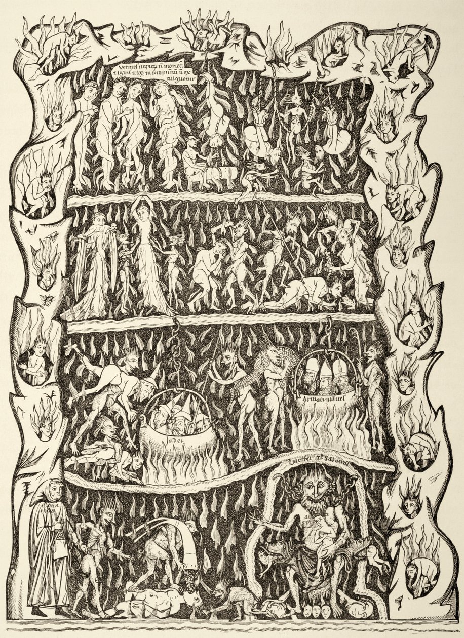 Los tormentos del infierno. De una miniatura de un manuscrito del siglo XII destruido tras un incendio en la biblioteca de Estrasburgo durante un bombardeo prusiano. de Paul Lacroix