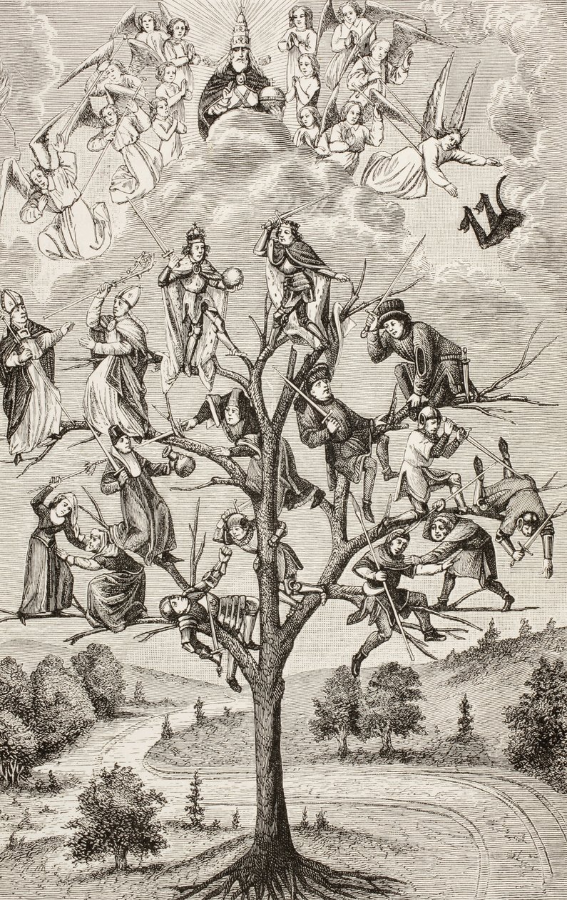 El Árbol de las Batallas. Figuras alegóricas que representan la discordia existente entre las clases sociales. Según un manuscrito del siglo XV. de Paul Lacroix