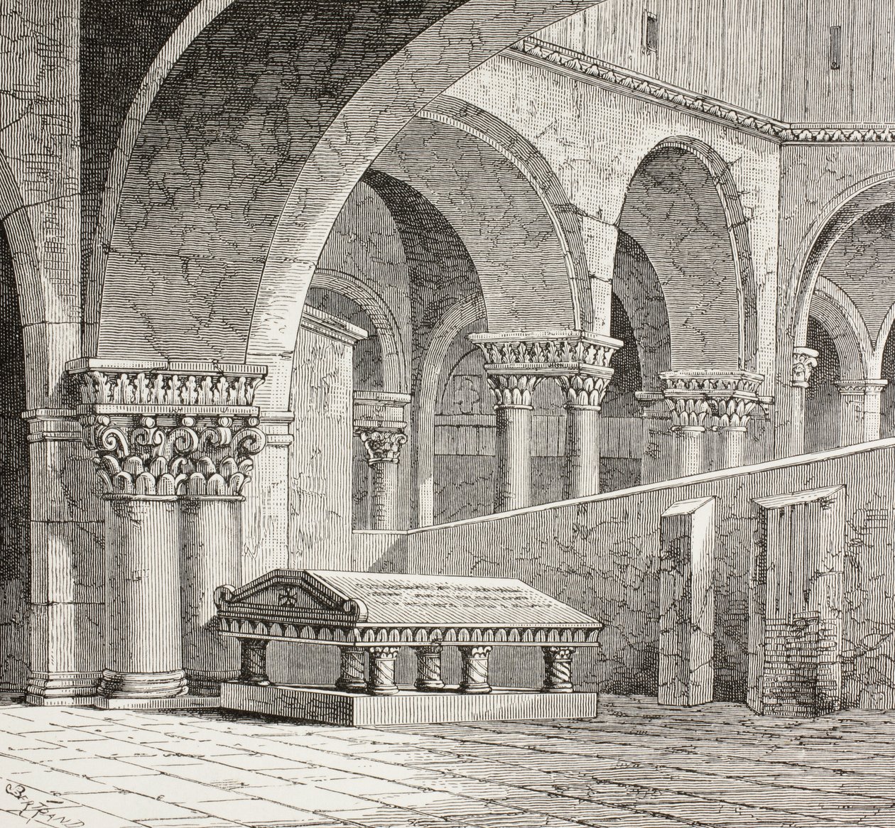 Tumba de Godofredo de Boullón, 1060-1100, tal y como existía en la iglesia del Santo Sepulcro de Jerusalén. La tumba está destruida. Según un dibujo realizado in situ en 1828. de Paul Lacroix
