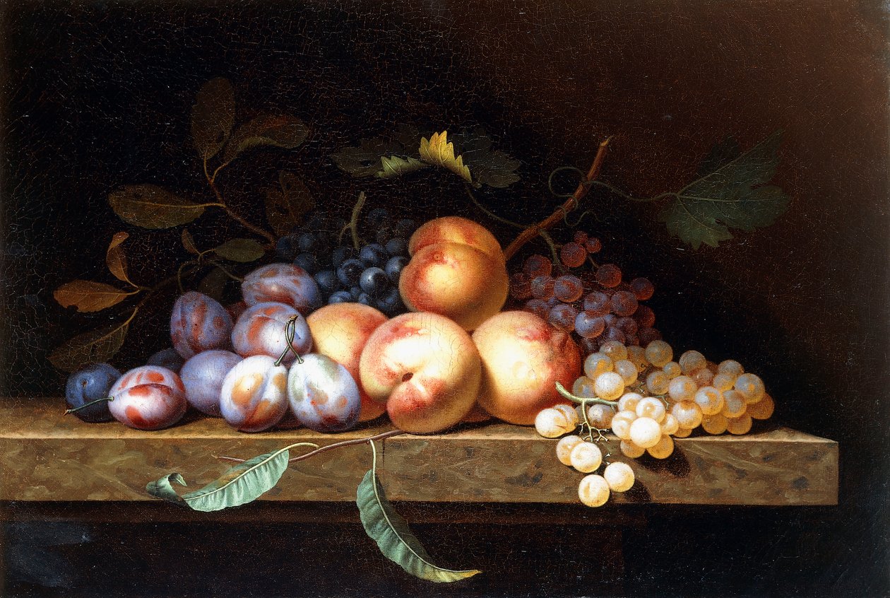 Duraznos, ciruelas y uvas en un borde de piedra de Paul Liegeois