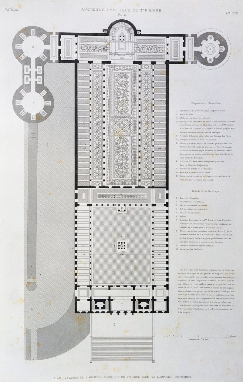 Diseño restaurado de la Antigua Basílica construida por el Emperador Constantino, grabado de El Vaticano y la Basílica de San Pedro de Paul Marie Letarouilly