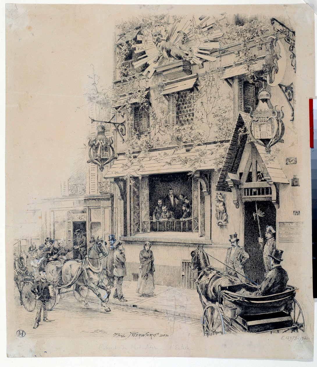 Vista de la entrada al Cabaret du Chat Noir. Dibujo a tinta de Paul Merwart siglo XIX París, Museo Carnavalet de Paul Merwart