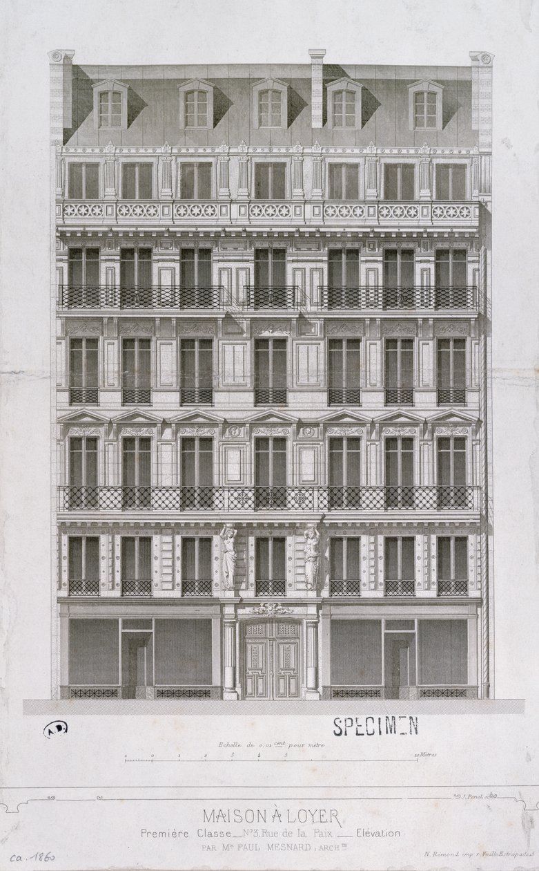 Diseño para un bloque de pisos al estilo Haussmann en la rue de la Paix, París, c.1860 de Paul Mesnard
