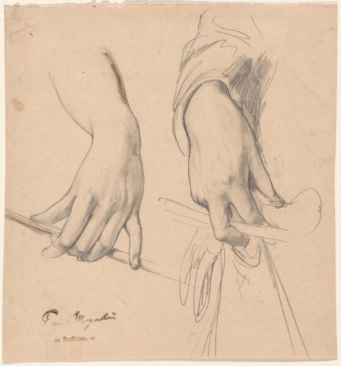 Una mano izquierda sosteniendo un bastón y una mano derecha sosteniendo un guante y un látigo de montar(?) de Paul Meyerheim