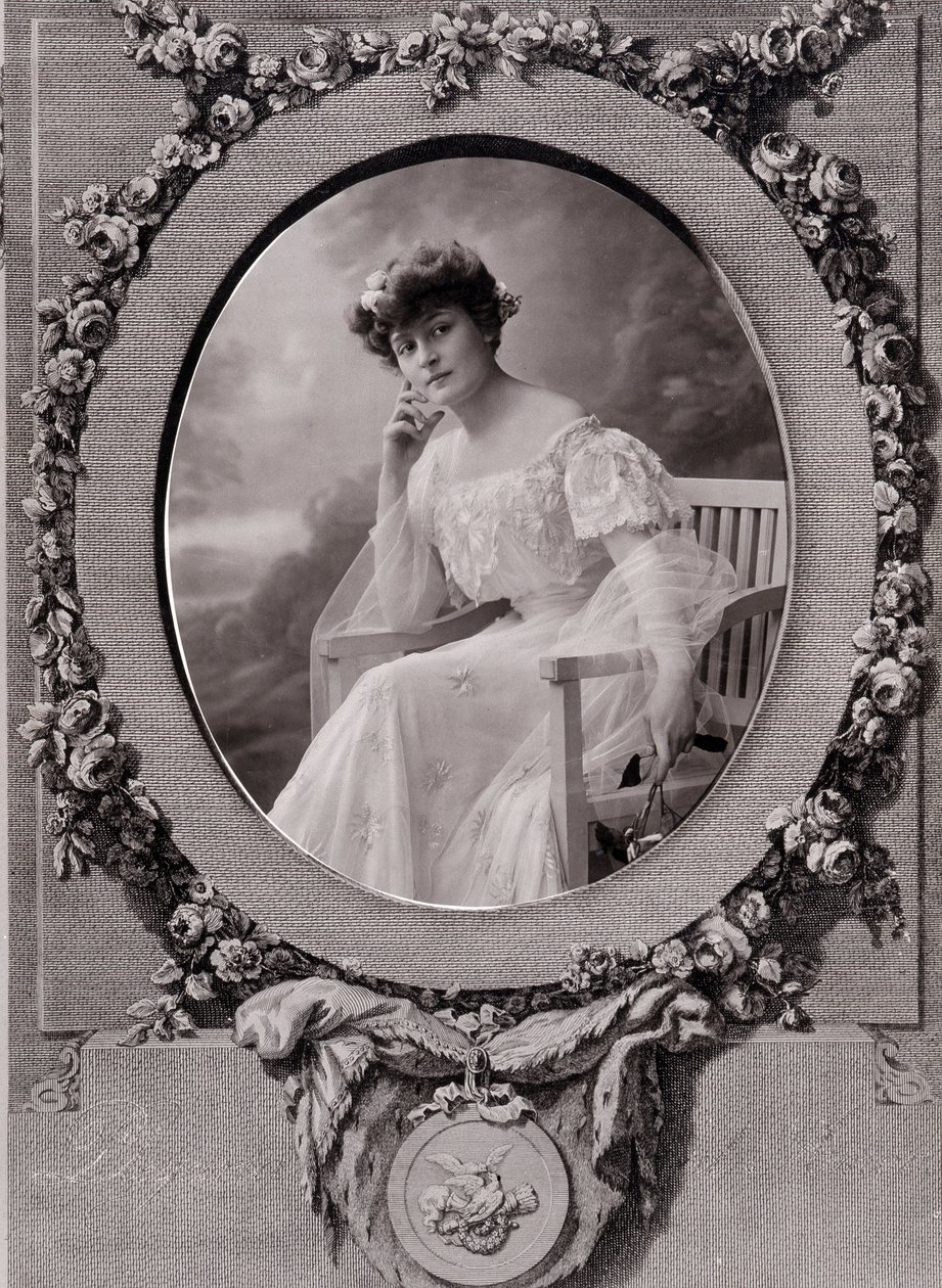 Retrato de una dama sentada en un banco ovalado en un fondo decorado con flores de Paul Nadar