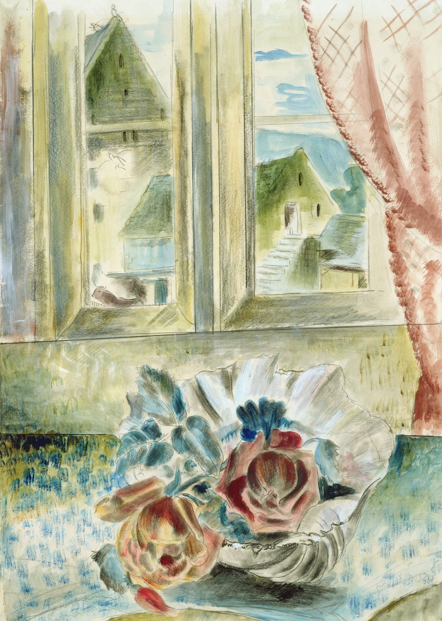 Red Roses in a Shell (lápiz, tiza y acuarela sobre papel) de Paul Nash