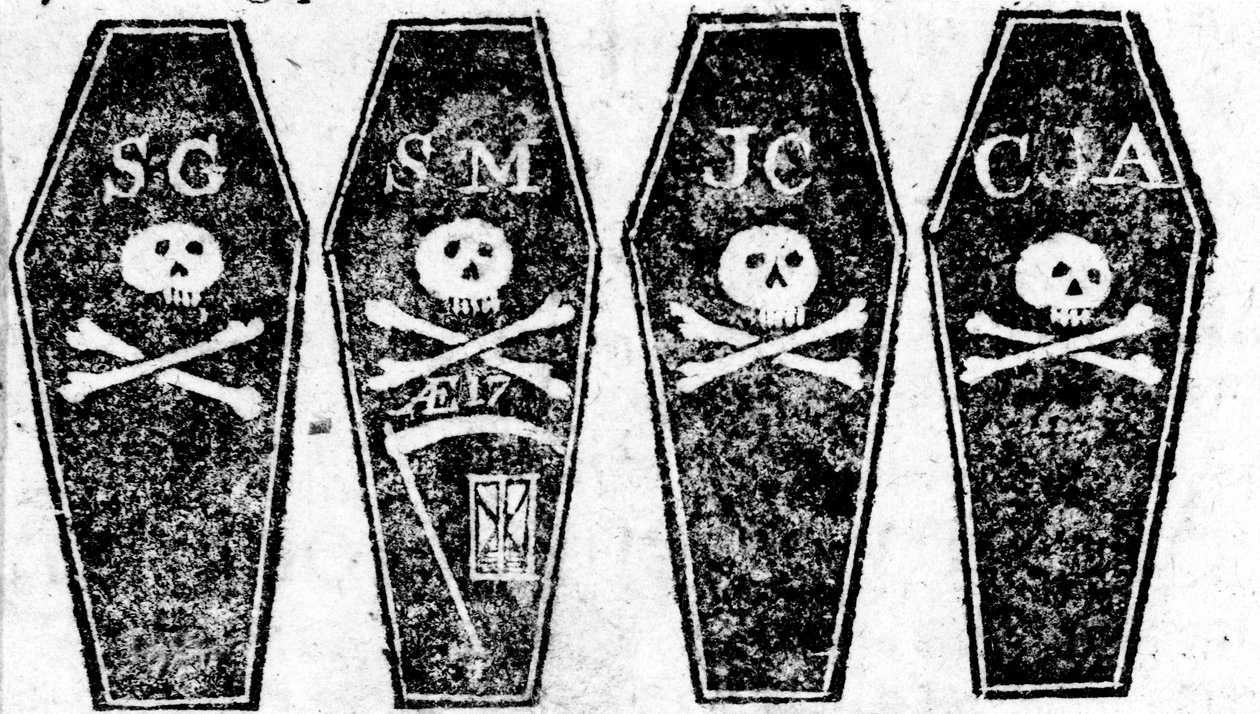 Dibujo de los cuatro ataúdes de la masacre de Boston, impreso en el Boston Gazette, 12 de marzo de 1770 de Paul Revere