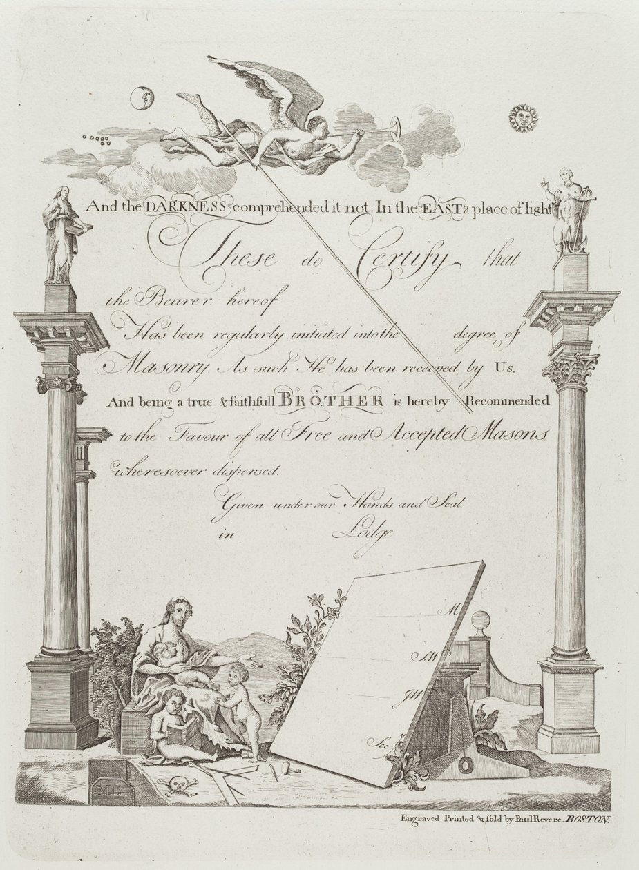 Certificado masónico de Paul Revere