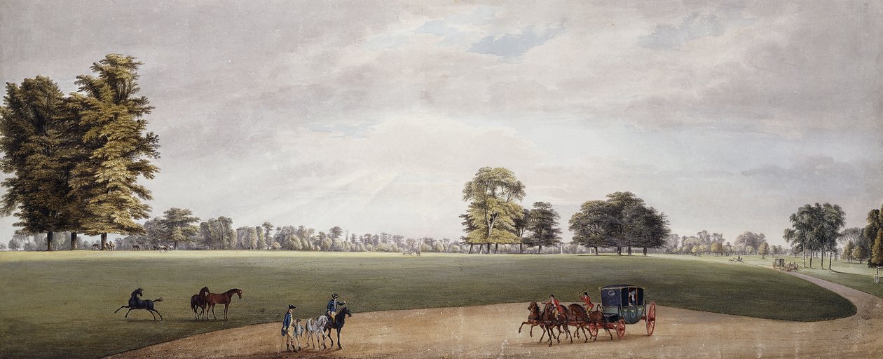 Un carruaje en el parque de Luton siendo recibido por jinetes y potrillos juguetones de Paul Sandby